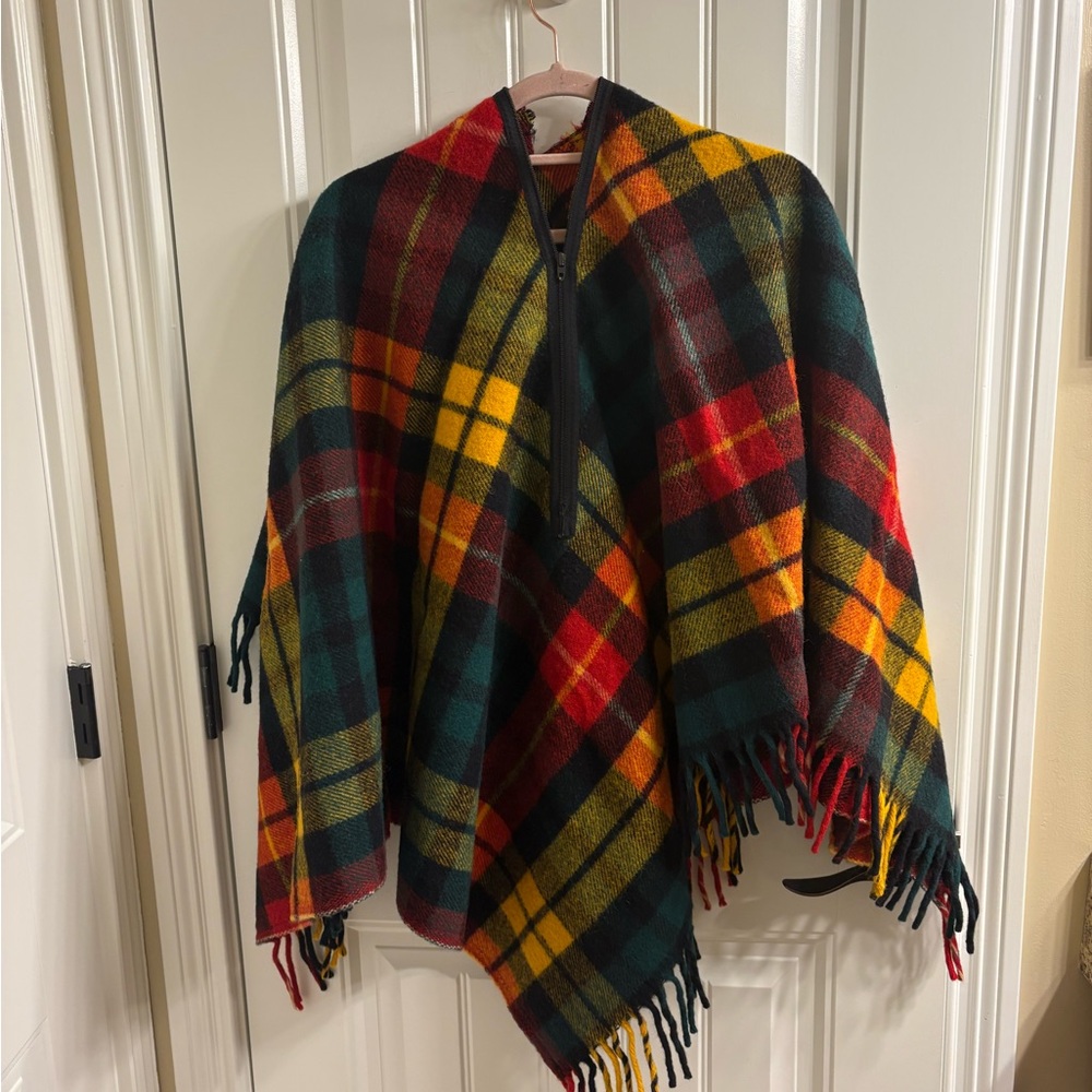 Vintage Girl Scouts Wool Plaid Fringed Poncho Red Green Yellow READ